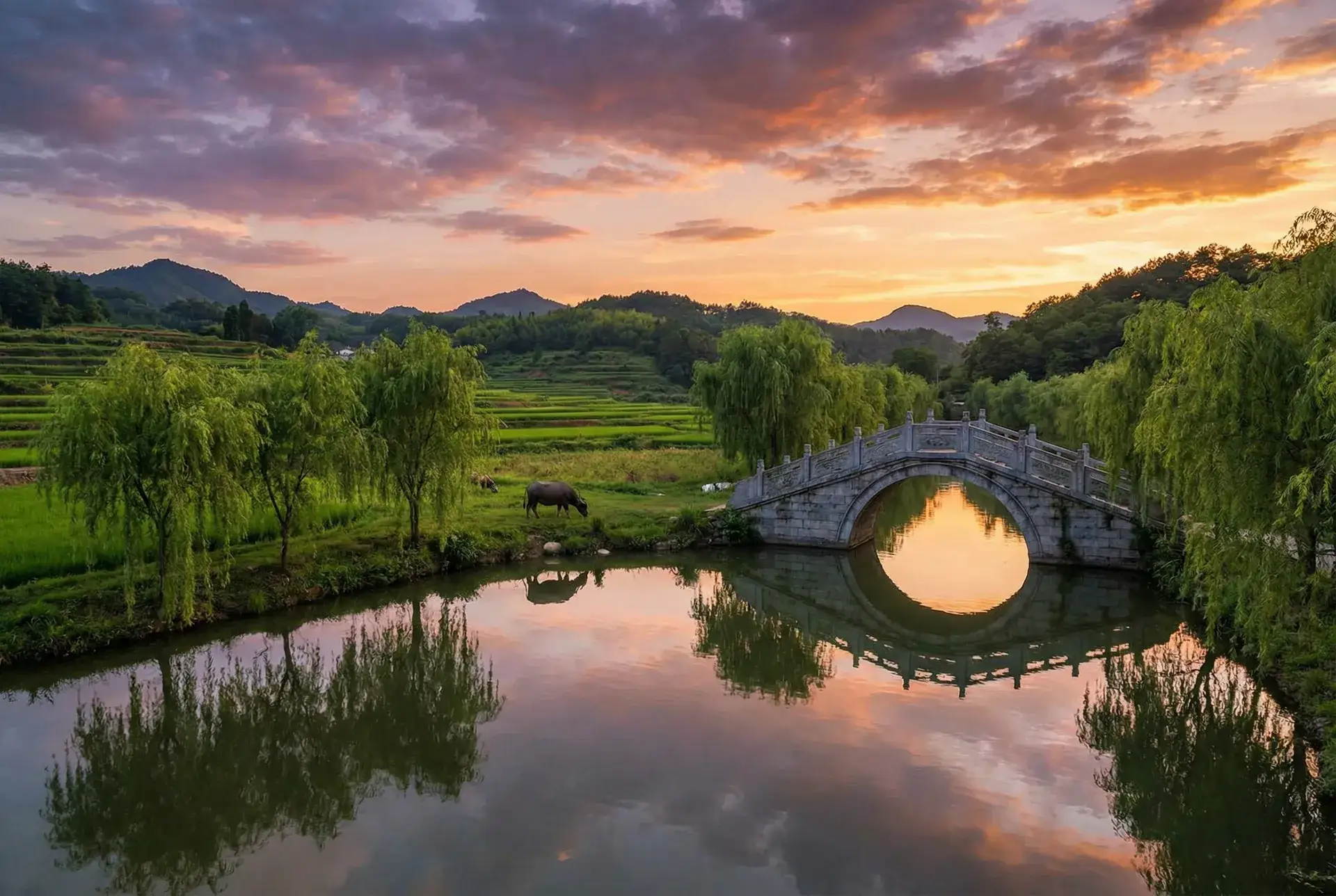 夕阳下的石拱桥与垂柳，水牛在河边吃草 - 电视剧爱情闯进门 乡村美景